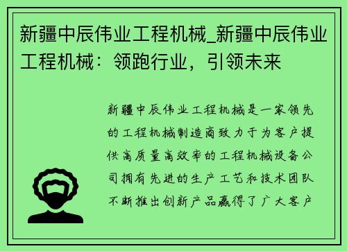 新疆中辰伟业工程机械_新疆中辰伟业工程机械：领跑行业，引领未来